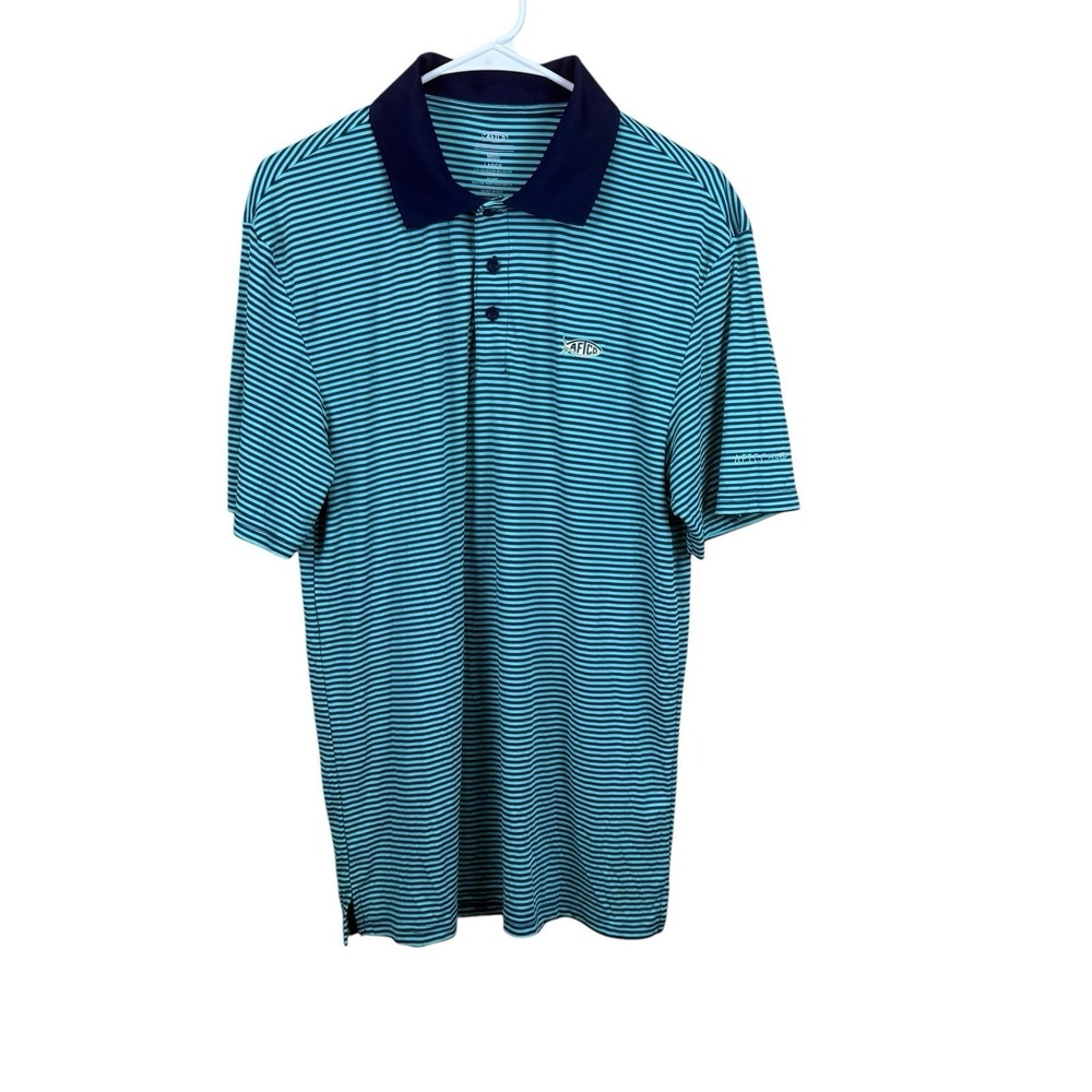 AFTCO‎ Men's Green Navy Striped Polo Shirt L Short Sleeve Polyester Spandex